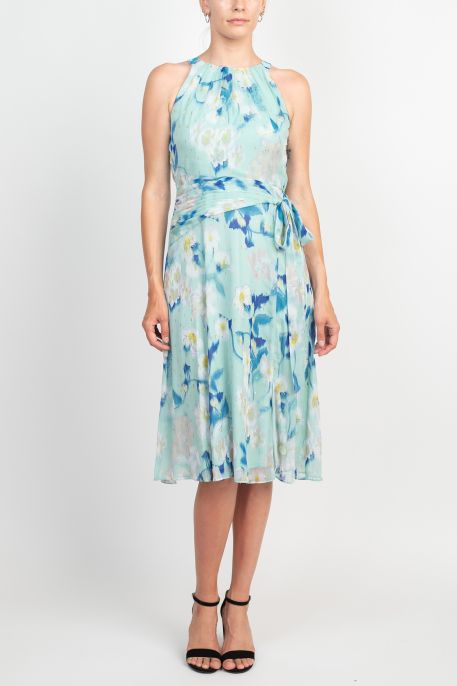 Adrianna Papell Halter Neck Pleated Tie Side Floral Print Embellished Zipper Back Midi Chiffon Dress