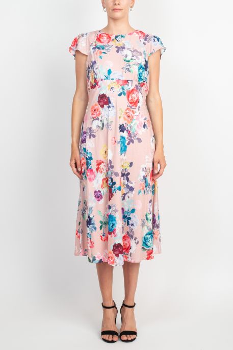 Adrianna Papell Jewel Neck Flutter Sleeve & Soft Pleats Floral Print Empire Waist Midi Dress
