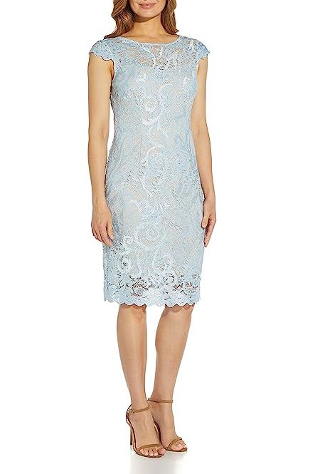Adrianna Papell Boat Neck Cap Sleeve Bodycon Embroidered Lace Dress