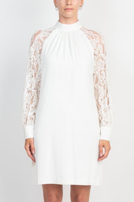 Adrianna Papell Mock Neckline Lace Long Sleeve Keyhole Back Button and Zipper Closure Short Shift Dress