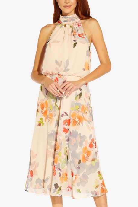 Adrianna Papell Pleated High Halter Neck Blouson Floral Print Chiffon Dress