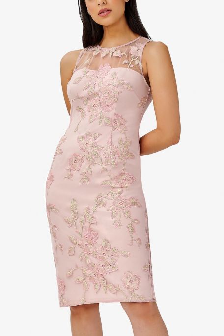 Adrianna Papell Illusion Round Neck Sleeveless Hook & Eye & Zipper Closure Floral Embroidered Mesh Dress
