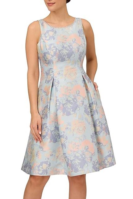 Adrianna Papell embellished boat neckline sleeveless zipper closure floral print fit and flare jacquard dress