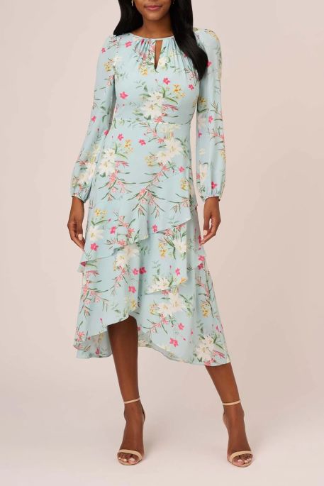 Arianna Papell Crew Neck Slit Long Sleeve Tiered Floral print Chiffon Dress