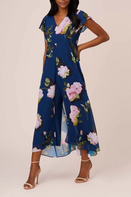 Adrianna Papell V-Neck Cap Sleeve Floral Print Chiffon Cropped Jumpsuit