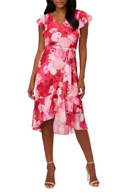 Adrianna Papell V-Neck Cap Sleeve Tie Waist Floral Print Chiffon Dress