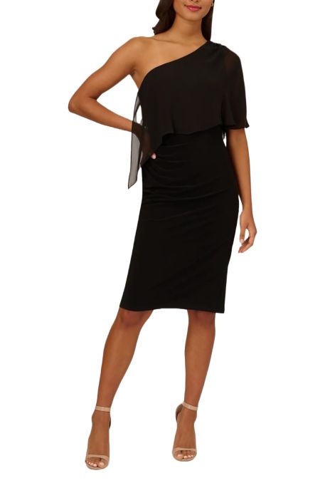 Adrianna Papell Day One Shoulder Bodycon ITY Dress with Chiffon Cape