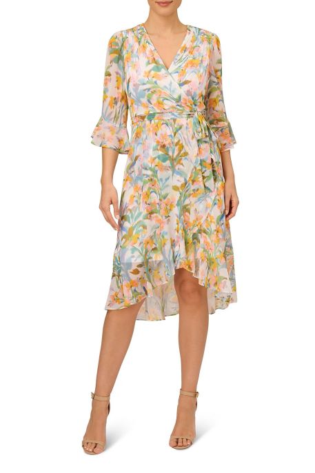 Adrianna Papell Day Floral Print Surplice V-Neck 3/4 Sleeve Faux Wrap Midi Chiffon Dress