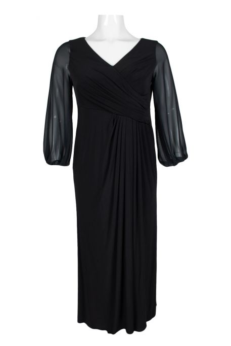 Adrianna Papell V-Neck Ruched Long Sleeve Concealed Zipper Back Jersey Chiffon Dress (Plus Size)
