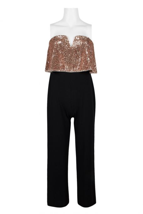 Adrianna Papell Spaghetti Strap Popover Zipper Back Embellished Mesh Bodice Stretch Crepe Jumpsuit