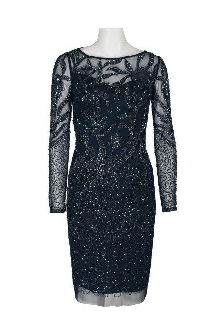 Adrianna Papell Boat Neck Long Sleeve Illusion Sequined Beaded Zipper Back Bodycon Mesh Dress