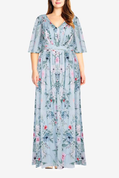 Adrianna Papell V-Neck Short Sleeve Pleated Zipper Back Floral Print Chiffon Dress