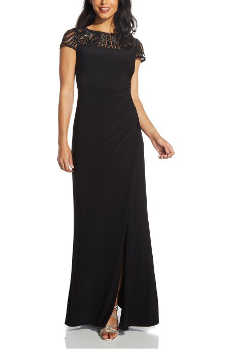 Adrianna Papell Embellished Illusion Crew Neck Cap Sleeve Gathered Side Zipper Back Jersey Dress