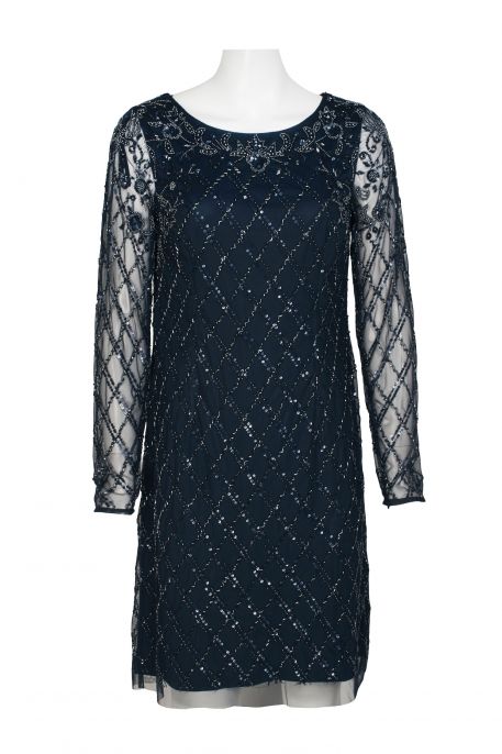 Adrianna Papell Scoop Neck Illusion Long Sleeve Sequined Beaded Zipper Back Shift Mesh Dress