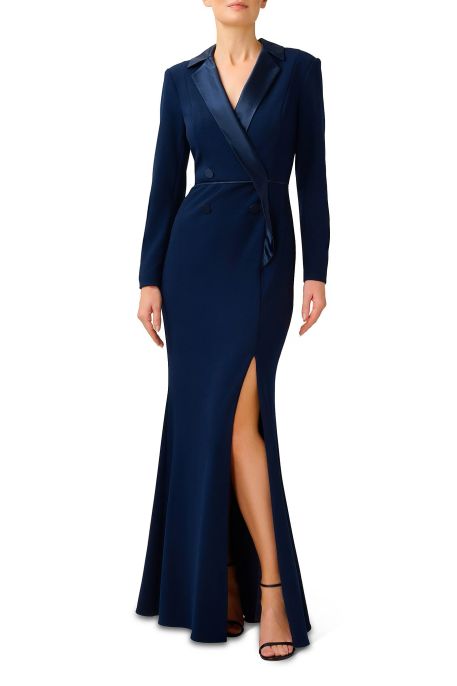 Adrianna Papell Notched Collar Long Sleeve Slit Front Zipper Back Stretch Crepe Dress