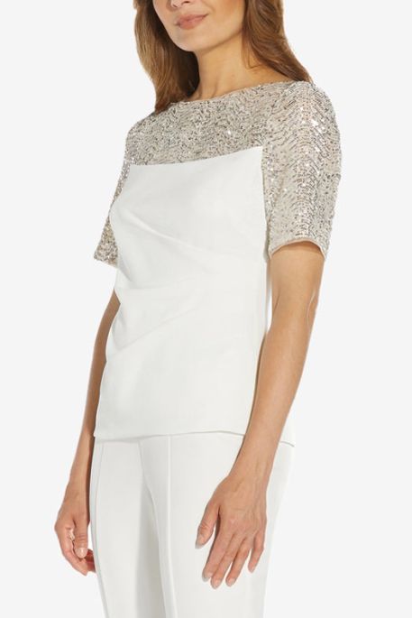 Adrianna Papell boat neck short sleeve sequined draped side crepe top
