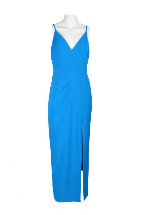 Adrianna Papell V-Neck Spaghetti Strap Pleated Gathered Side Zipper Back Sit Side Solid Crepe Dress
