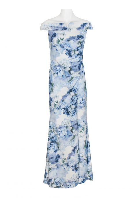 Adrianna Papell Folded Off-Shoulder Pleated Side Floral Print Slit Front Zipper Back Metallic Dress