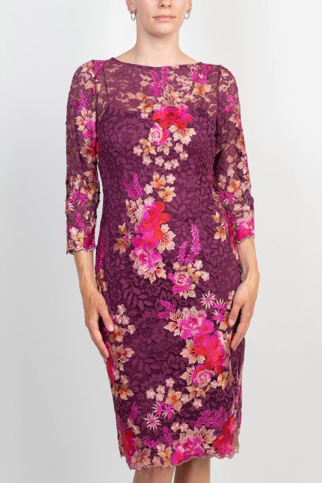 Adrianna Papell Boat Neck 3/4 Sleeve Illusion Neck & Sleeve Floral Embroidered Zipper Slit Back Midi Lace Dress