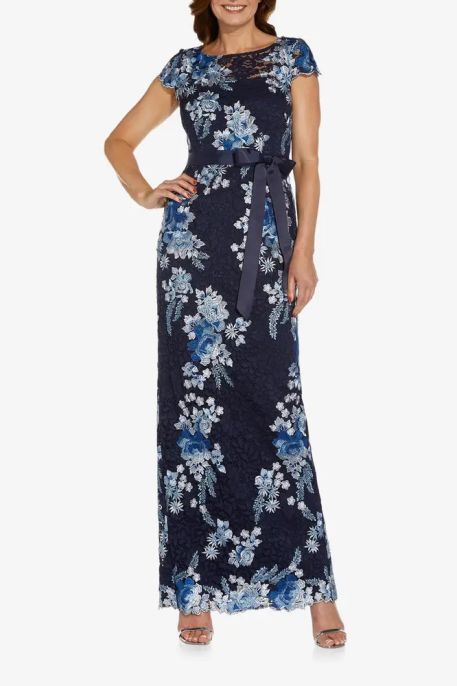 Adrianna Papell boat neck cap sleeve tie waist zipper closure floral lace gown