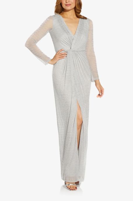 Adrianna Papell V-Neck Long Sleeve Gathered Front Slit Front Shimmering Metallic Knit Dress