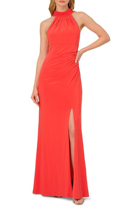 Adrianna Papell halter neck sleeveless draped side embellished zipper closure mate jersey gown