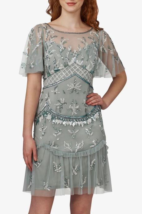 Adrianna Papell Boat Neck Flutter Sleeve Illusion Embellished Zupper Back Mesh Dress