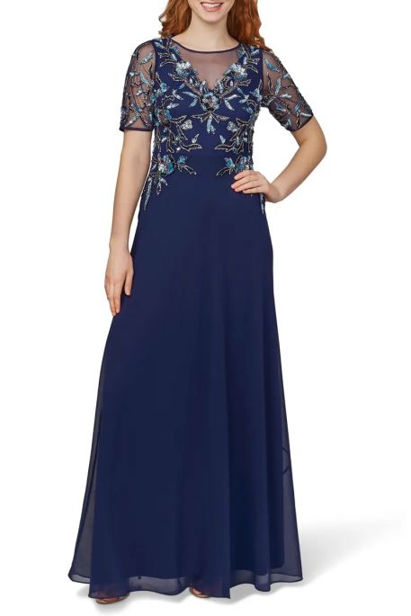 Adrianna Papell Jewel Neck Short Sleeve Zipper Back Floral Embellishments along with illusion Bodice