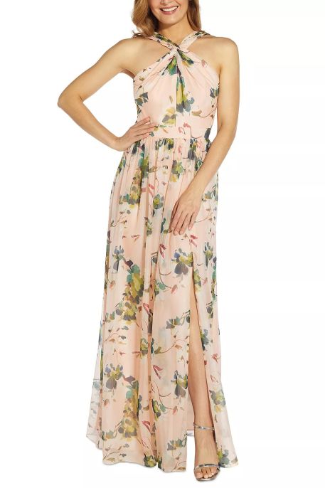 Adrianna Papell Crossed Neck Zipper Back Floral Print Chiffon Dress