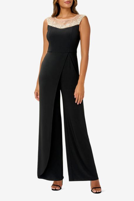 Adrianna Papell jersey jumpsuit with cap sleeves, wide-leg pants, and bateau neck