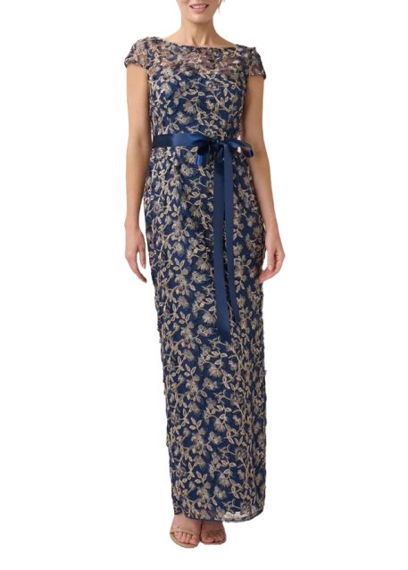 Adrianna Papell boat neck cap sleeve zipper closure tie waist floral embroidered mesh gown