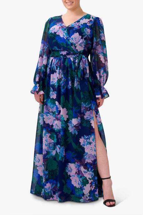 Adrianna Papell V Neck Long Sleeves With Flare Cuffs Back Zipper Side Slit Long Floral Dress