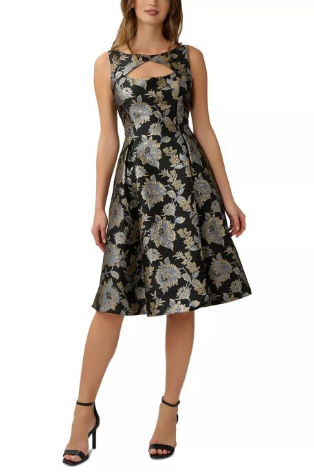 Adrianna Papell boat neck cutout front sleeveless box pleat A-line floral jacquard dress