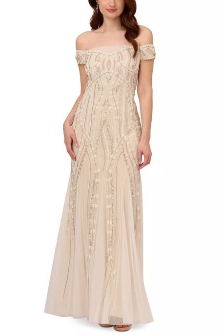 Adrianna Papell off the shoulder beaded mesh gown