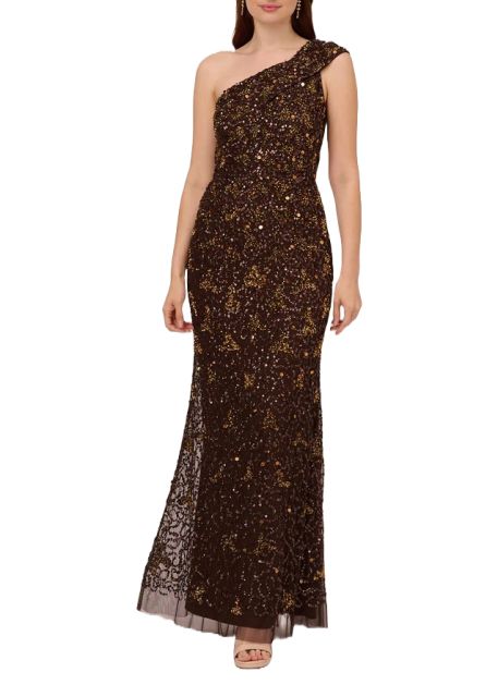 Adrianna Papell one shoulder beaded zipper closure mesh mermaid gown