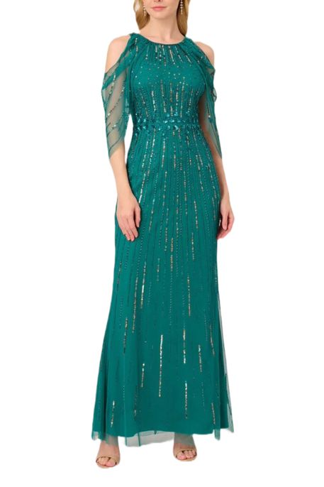 Adrianna Papell cold shoulder crew neck beaded cape zipper closure mesh gown
