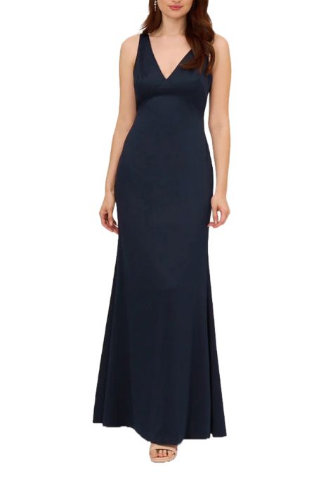 Adrianna Papell V-neck sleeveless solid satin crepe mermaid gown