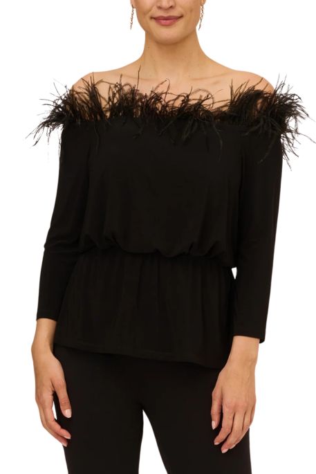 Adrianna Papell Off The Shoulder 3/4 Sleeve with Feaher Accents