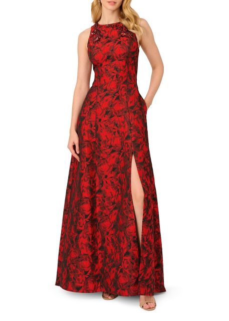 Adrianna Papell embellished jewel neck sleeveless zipper closure printed jacquard ball gown