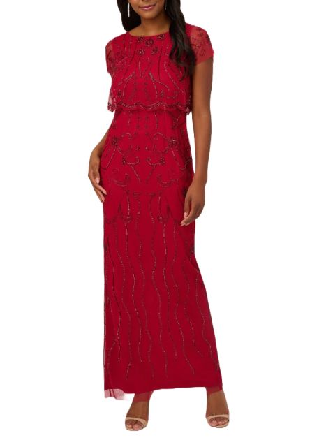 Adrianna Papell boat neck cap sleeve scalloped popover zipper closure column skirt embellished mesh gown