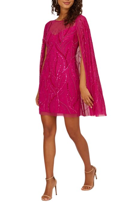Adrianna Papell Sequin cape with illusion neckline shift dress