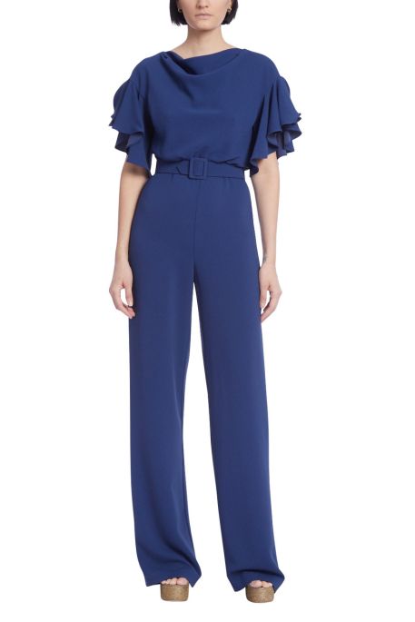 Badgley Mischka cowl neck drapey sleeve belted zipper closure solid stretch crepe jumpsuit