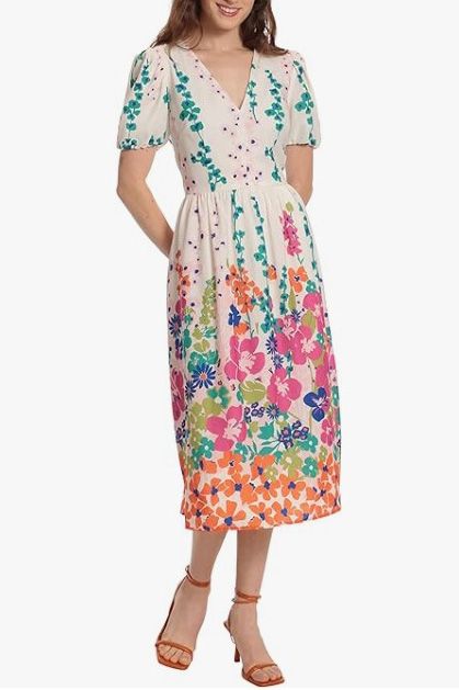 Donna Morgan Floral V-Neck Puff Sleeve Midi Dress
