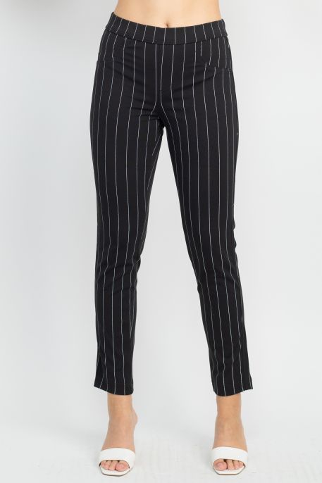 Dash Clothing Mid Waist Pencil Cut Stripe Pattern Knit Denim Pants with Pockets