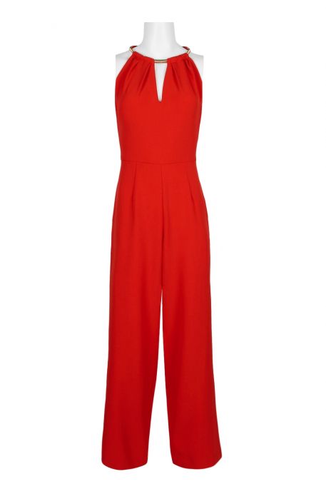 Donna Ricco Halter Chain Neck Keyhole Front Sleeveless Zipper Back Pockets Solid Crepe Jumpsuit