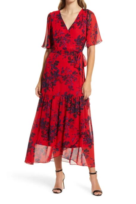 Donna Rico Floral Faux Wrap Flutter Sleeve Dress