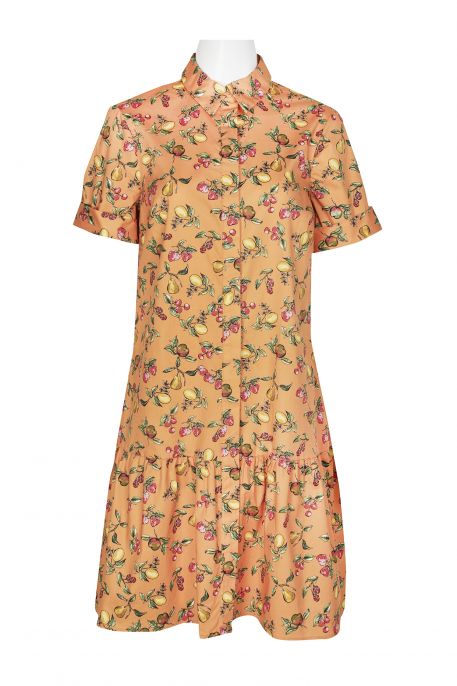 Donna Morgan Collared High Neck Button Down Folded Short Sleeve Multi Print Cotton Blend Dress with Pockets