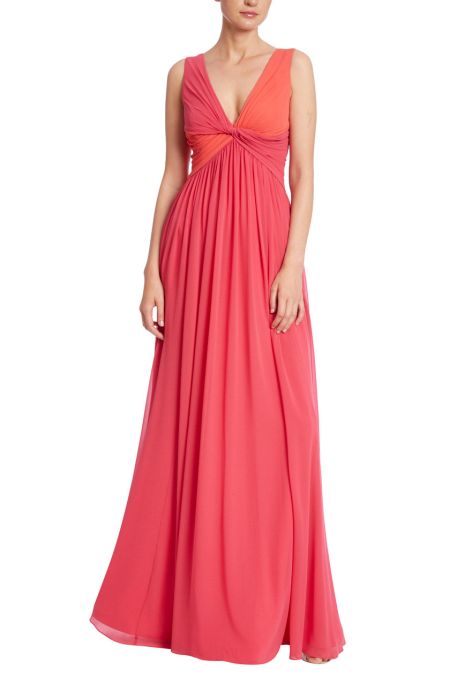 Badgley Mischka V-neck sleeveless twisted front two-tone georgette gown