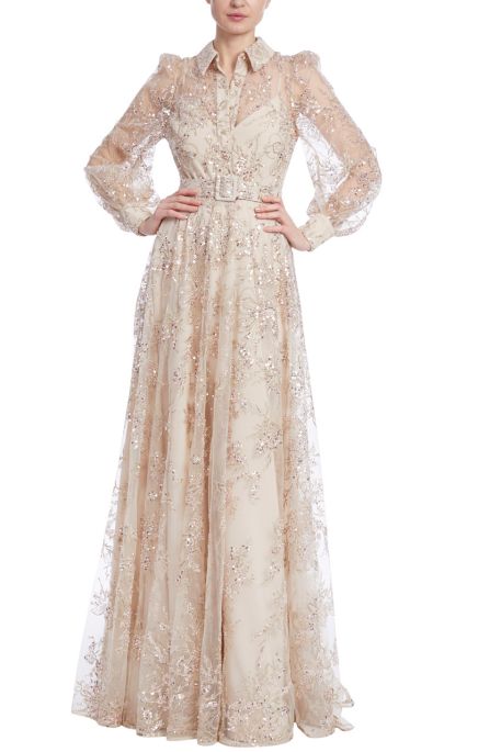 Badgley Mischka floral tulle shirt gown