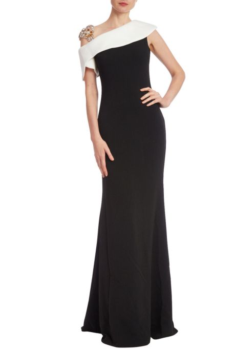 Badgley Mischka Two-Tone Column Gown with Beaded Shoulder